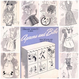 Könnte beinhalten: Eine Collage von Vintage-Schürzen-Designs und Illustrationen, darunter ein Buchcover mit dem Titel "Aprons and Bibs" mit dem Text "Over 30 Sewn and Crocheted Ideas". Die Illustrationen zeigen verschiedene Schürzenstile.