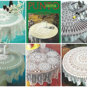 May include: A collection of six white crocheted tablecloths with intricate lace patterns. The tablecloths are displayed on round tables with wooden tops. The tablecloths have a scalloped edge and a central design featuring a flower motif.