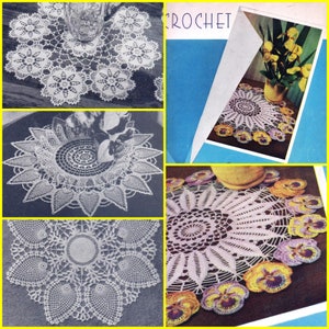 May include: Four crocheted doilies, one with a floral design and three with a sunflower design. The doilies are white and feature a delicate lace pattern. The word "CROCHET" is visible in the background.