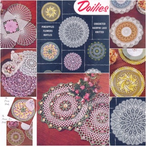 May include: A collection of 12 crocheted doilies in various designs and colours, including pineapple, flower, and ruffle patterns. The doilies are displayed on a dark background with the text "Doilies" in red letters. The text "Crocheted Hairpin Lace Knitted" is also included.