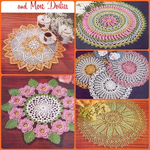 May include: Five crocheted doilies in various colors and patterns, including a white doily with pink flowers, a green doily with leaf designs, and a yellow and white doily with a starburst pattern. "and More Doilies" is written in red at the top of the image.