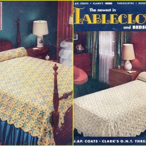 May include: Two beds with crocheted bedspreads in a bedroom setting. The bedspreads are made with a white yarn and feature a geometric pattern. The text "The newest in TABLECLOTH and BEDSPREADS" is visible in the image.