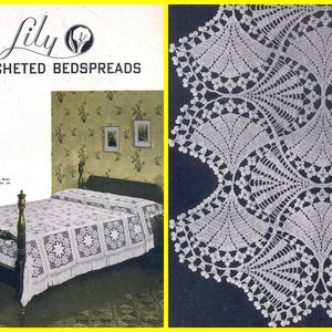 May include: A white crocheted bedspread with a star and wreath design. The bedspread is on a bed with a wooden headboard and footboard. The image also shows a close-up of the crocheted design, which features a repeating pattern of stars and wreaths. "Lily Crocheted Bedspreads" is printed on the page.