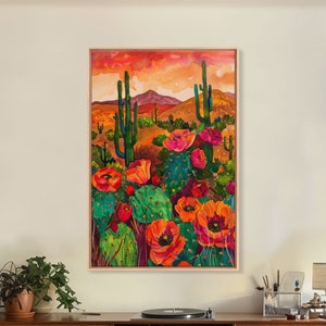 Southwest Desert Landscape with Cacti and Flowers, Colorful Wall Art for Living Room or Bedroom, Framed Canvas Print.