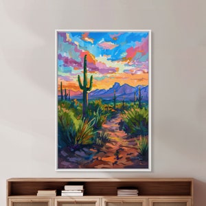 Framed Canvas Print, Sunset Over Desert with Cacti, Stunning Wall Art for Living Room or Bedroom Decor.