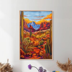 Framed Canvas Print, Desert Landscape with Cacti Wall Art, Colorful Southwest Decor for Living Room or Bedroom, Nature Art Poster Piece.