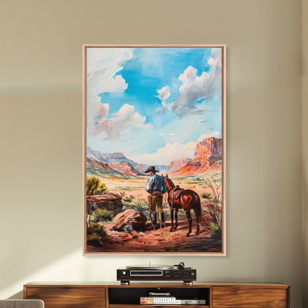 Cowboy and Horse Desert Scene Framed Canvas Print - Western Wall Art ...