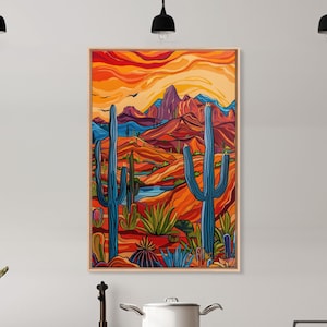 Framed Canvas Print, Bright Desert Landscape with Cacti and Mountains, Perfect Wall Art for Living Room or Bedroom.