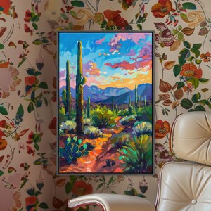 Framed Canvas Print, Cactus and Desert Path Wall Art, Vibrant Southwest Landscape for Living Room or Bedroom, Nature Art Poster Piece.