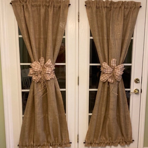 set of 2 natural burlap french door curtains country farmhouse living room panels drapes frayed or serged edges custom length available