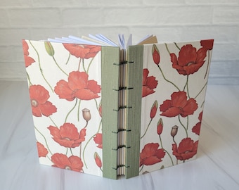 Italian Poppy Paper Cover, Hand bound Notebook, Lined Journal Pages