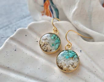 Sand from Taiwan and Turquoise, Gold Dangle Earrings