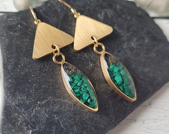 Alaska Sand and Malachite in Gold Dangle Earrings