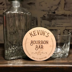 Set of four custom bar pub wooden coasters, personalized whiskey bourbon bar drink ware gifts, home bar gift, Father's day gift