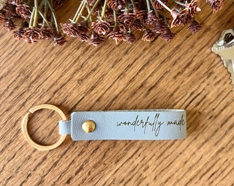 Wonderfully Made Inspirational leather keychain, Key holder gift for her, Housewarming girlfriend gift, Motivational cute gift for mom