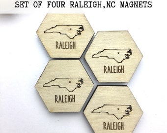 Set of four Raleigh North Carolina hexagon wooden magnets| rustic NC refrigerator magnets gift| self gift