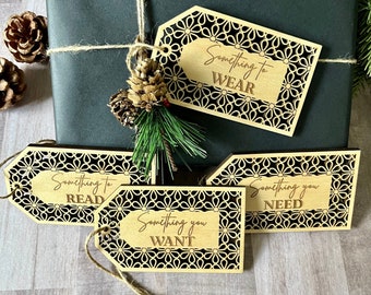 Set of four Something you need something to read children’s Christmas gift tags, kids gift tags, Santa gift tags, wooden rattan gift tags