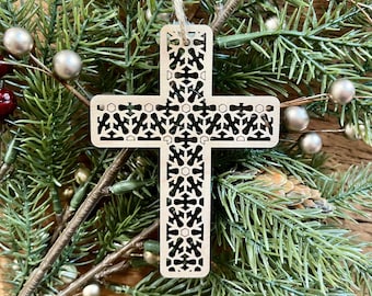 Snowflake Rattan Cross Christmas Tree Wooden Ornament, Religious Christian ornament, Gift for him her, Stocking stuffer, Snowflake Bauble