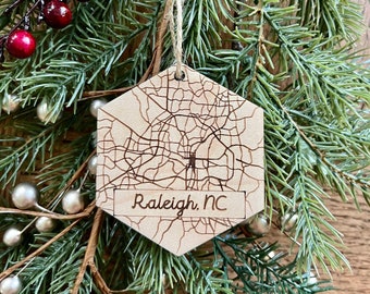 Engraved Wood Raleigh NC Map Christmas Ornament, Housewarming Gift