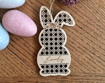 Custom Easter bunny basket tag, kids name tag, rattan Easter decor, gift tag, personalized wooden name tag, personalized Easter basket tag