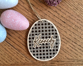 Custom Easter bunny basket tag, kids name tag, rattan Easter decor, gift tag, personalized wooden name tag, personalized egg basket tag