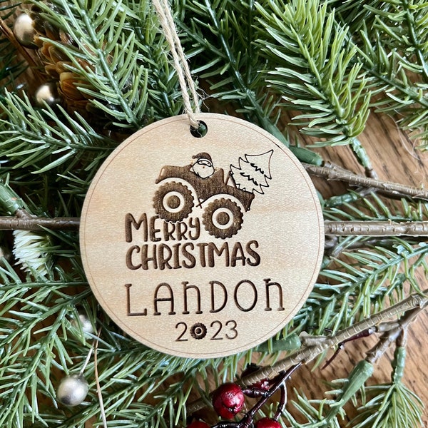 2024 custom name boys funny monster truck wooden holiday ornament, personalized kids ornament, children family name kids Christmas decor