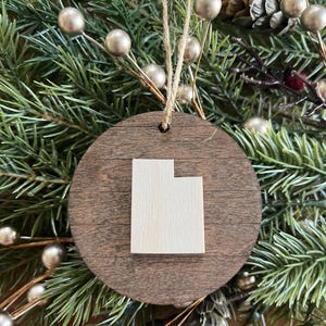 Utah State Wooden Christmas Ornament, Holiday vacation Keepsake Souvenir gift, White Elephant UT, Salt Lake City gift