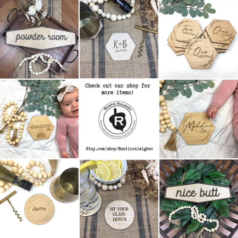 May include: A collection of wooden signs with various sayings, including "powder room", "K+B June 15, 2023", "Two Months", "One Year", "One Month", "Madeline", "cheers", "Sit Your Glass Down", "nice butt", and "Madeline Lee". The signs are made of natural wood and have a rustic, farmhouse style.