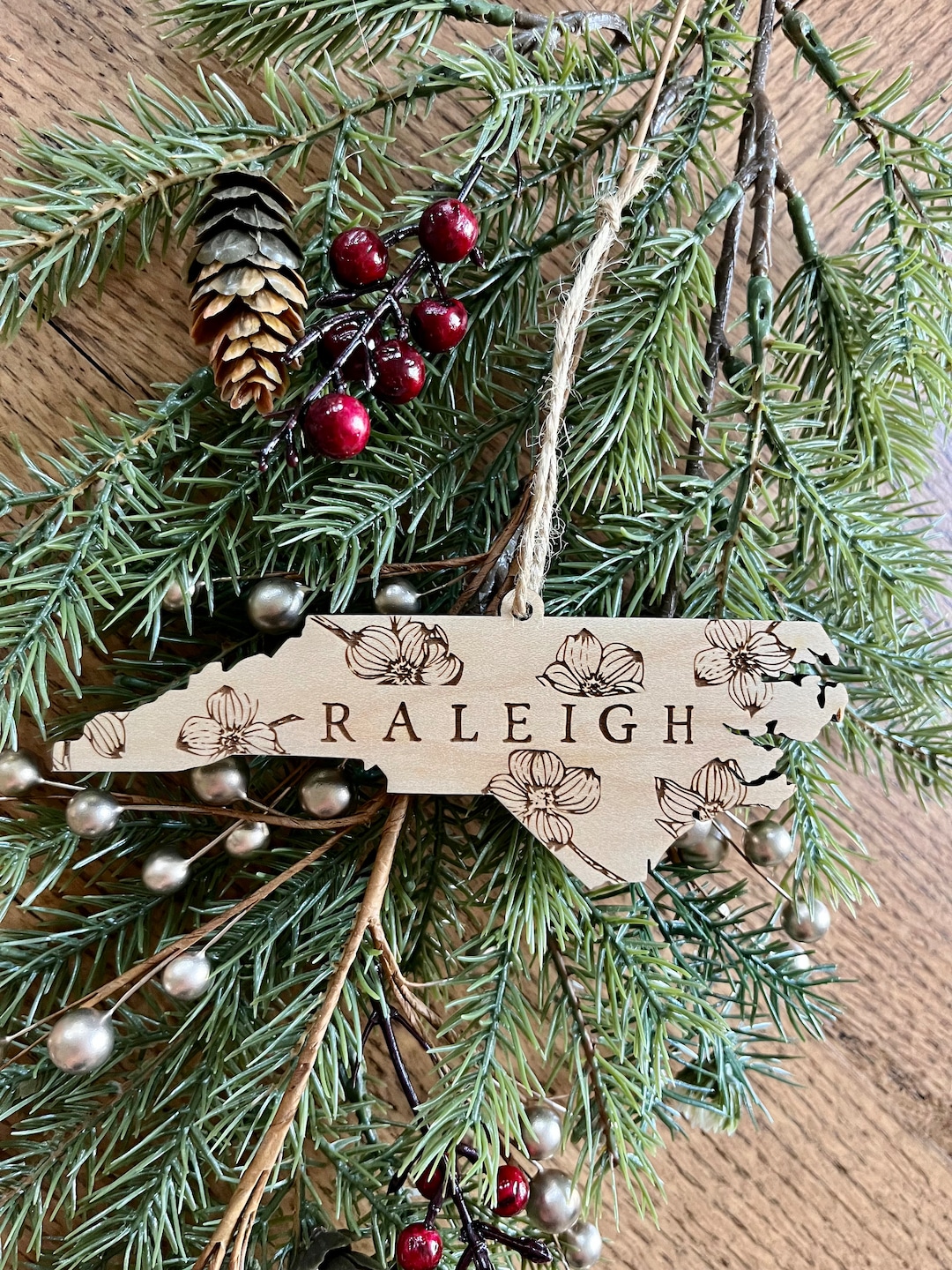 Custom North Carolina City Christmas Ornament, Dogwood Floral NC