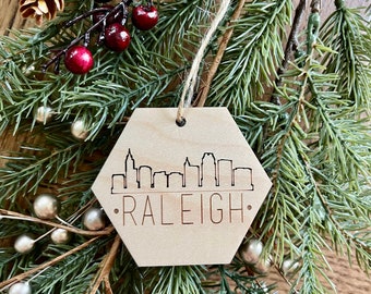 Raleigh North Carolina Skyline Christmas Ornament, Maple Wood Souvenir