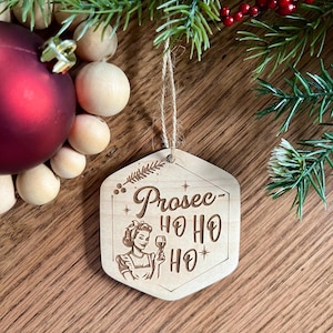 Funny Retro Woman Prosecco-ho-ho Christmas wooden Ornament, Unique Drinking sarcastic Holiday decor, Custom Holiday Wine Tag secret Santa