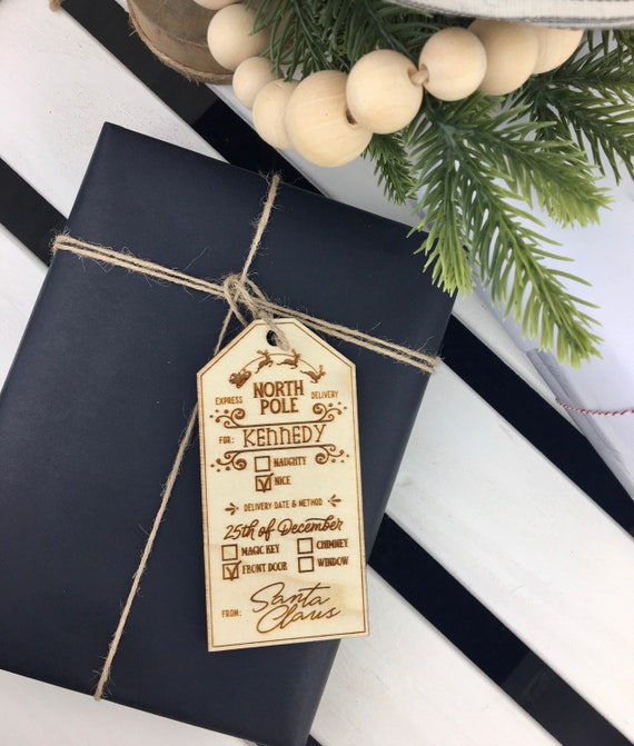Personalized Santa Gift Tag, Custom Maple Wood Christmas Present Tag