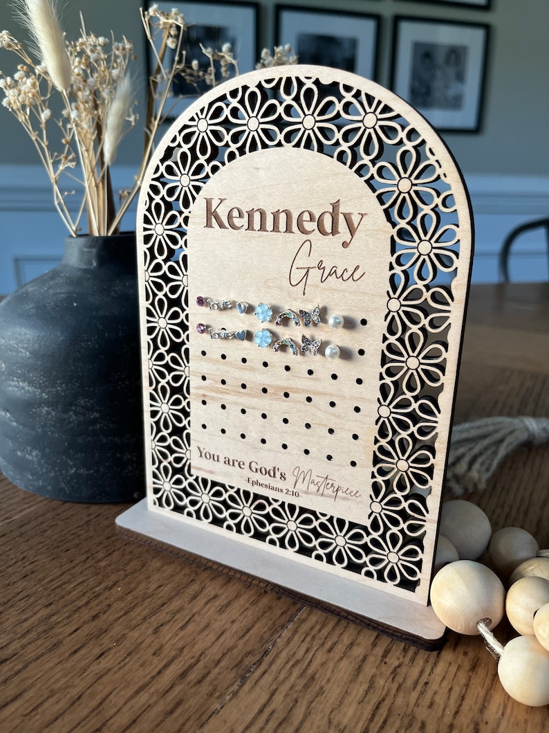 Personalized earring holder, Floral arch stud hanger, Boho Wooden earring stand, Bible verse earring holder, Rattan Sign, Jewelry holder image 10