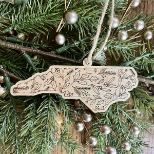 North Carolina Wooden Christmas Ornament, NC modern custom ornament, Rustic state holiday decor gift for him her, Stocking stuffer