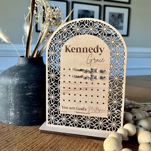 Personalized earring holder, Floral arch stud hanger, Boho Wooden earring stand, Bible verse earring holder, Rattan Sign, Jewelry holder image 1
