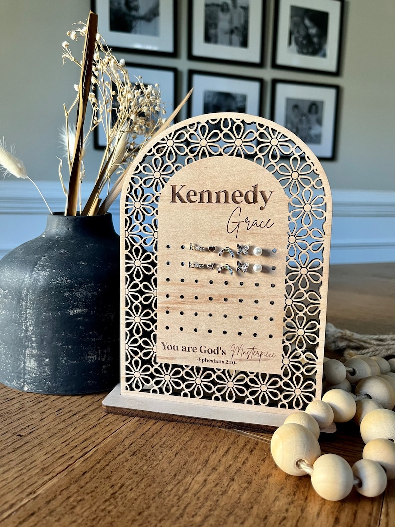 Personalized earring holder, Floral arch stud hanger, Boho Wooden earring stand, Bible verse earring holder, Rattan Sign, Jewelry holder image 1