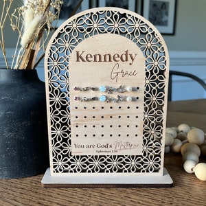 Personalized earring holder, Floral arch stud hanger, Boho Wooden earring stand, Bible verse earring holder, Rattan Sign, Jewelry holder image 9