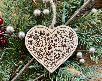 Heart Christmas Wooden tree Ornament, Festive Rustic Keepsake Tree Home Holiday Decor, Personalized Modern Bauble, Stocking Stuffer gift