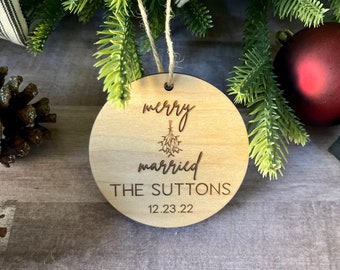2023 merry and married our first Christmas wooden ornament, first wedding gift, bridal shower wedding gift for couple, custom wedding gift