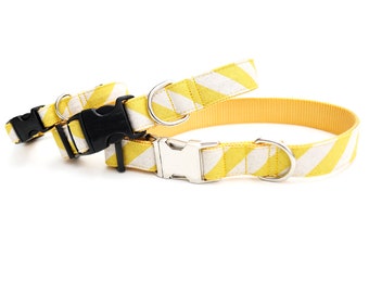 SOL Yellow Striped Canvas Dog Collar | Rifle Paper Co Fabric Dog Collar | Summer Canvas Collar | Striped Dog Collar