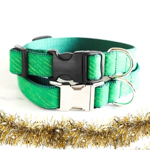 Green Tinsel Holiday Dog Collar // 'Elf' Linen Dog Collar // Silver and Gold Buckle Choices!