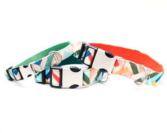 LOLLI Geometric Dog Collar: Colorful Canvas, Gold/Silver Buckle, USA Made