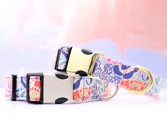 Collare per cani con motivi floreali pastello: collare in tela "Lana", fibbia oro/argento