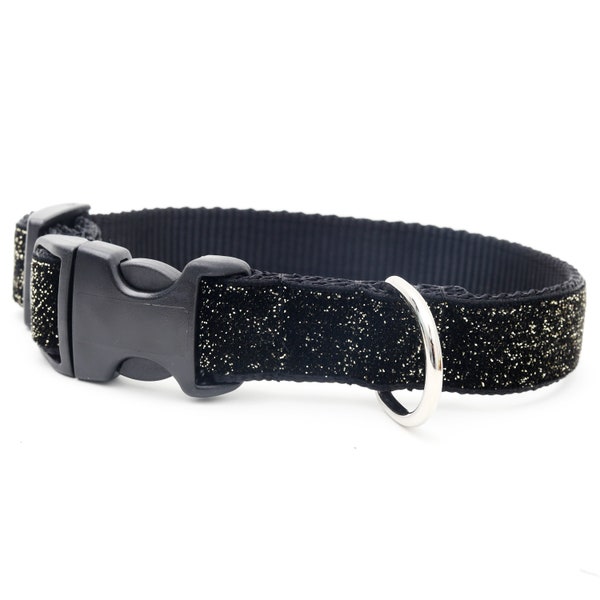 Black Glitter Velvet Dog Collar // Starlight Holiday Dog Collar //  5 + Gold & Silver Buckle Choices!