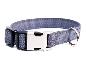 Ash Grey Reflective Nylon Dog Collar // Dark Gray Reflective Dog Collar // 5 Buckle Choices!