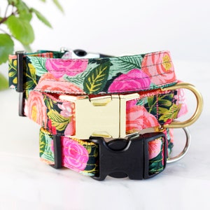 Rifle Paper Co Floral Dog Collar: Juliet Navy Voile, Gold Buckle