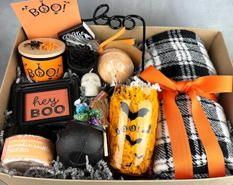 Halloween Boo Basket With Blanket - Fall Themed Gift Baskets Spooky Gift For Her-Personalized Halloween Gift Care Package For Trick or Treat