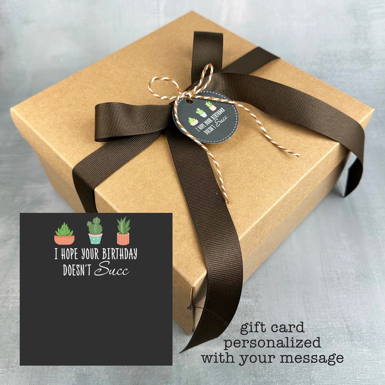 May include: A square, tan gift box with a dark brown ribbon and a small tag that reads "I hope your birthday doesn't succ" with cactus illustrations. A black card with the same text and cactus illustrations is also visible.