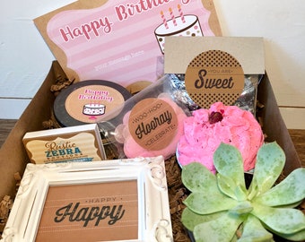 Caja de feliz cumpleaños con suculenta, regalo de cumpleaños de mamá, paquete de cuidado, regalo de felicitaciones, juego de spa para ella, caja de regalo de autocuidado, amistad