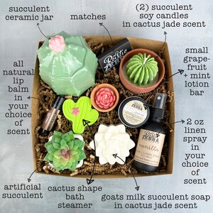May include: A gift box filled with succulent-themed items. Includes a ceramic jar, soy candles, a lotion bar, linen spray, lip balm, a bath steamer, and soap. The box contains decorative matches and an artificial succulent.